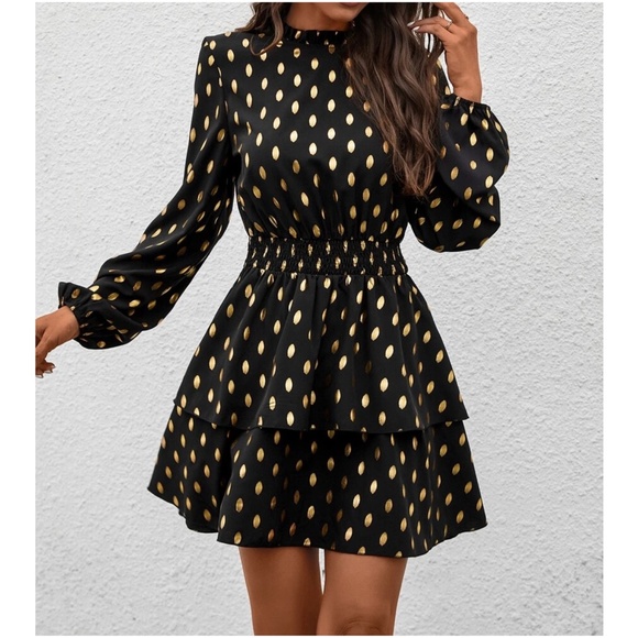 Polka Dot Mock Neck Ruffle Party Holiday Dress - Picture 3 of 4